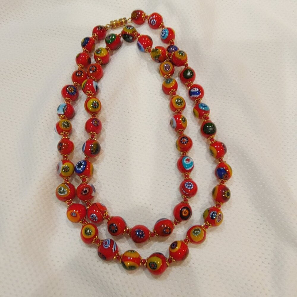Vintage Murano Millefiori Red Glass Bead Necklace 28"